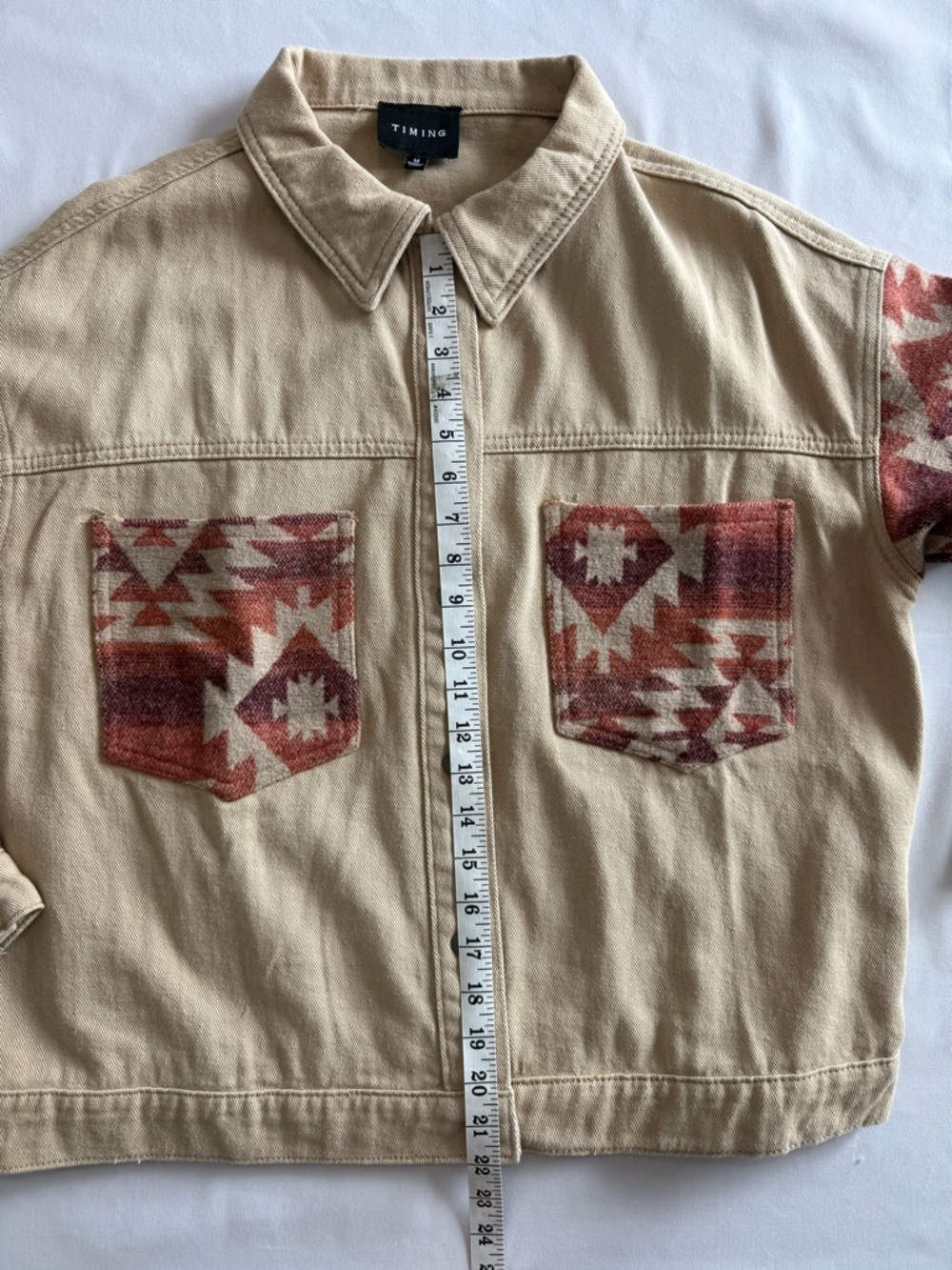 TIMING Tan Jacket with Rust Aztec Patterned Sleeves - Picture 9 of 10
